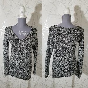 Talula Black & White Marled Knit V-Neck Asymmetrical Sweater